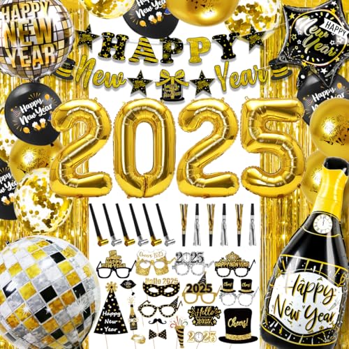 MOVINPE Silvester Party Dekorationen 2025 Schwarz Gold, Happy New Year Party Supplies, Banner Riesige Folienzahl Ballon Fransen Vorhang Photo Booth Requisiten Squawkers Blowouts Ballons von MOVINPE