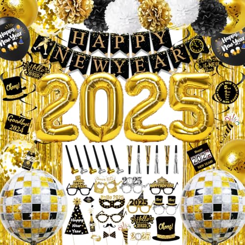 MOVINPE Silvester Party Dekorationen 2025 Schwarz Gold Happy New Year Party Supplies Banner Pompons Zahl Ballon Fransen Vorhang Photo Booth Requisiten Hängende Wirbel Squawkers Blowouts von MOVINPE