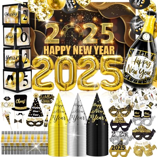 MOVINPE Silvester Party Supplies 2025 Serve 100 Guests - Bulk New Year Decorations Kit, Balloon Box 2025 Balloons Backdrop Cone Hats Party Glasses Photo Booth Props Squawkers Blowouts Tattoo von MOVINPE