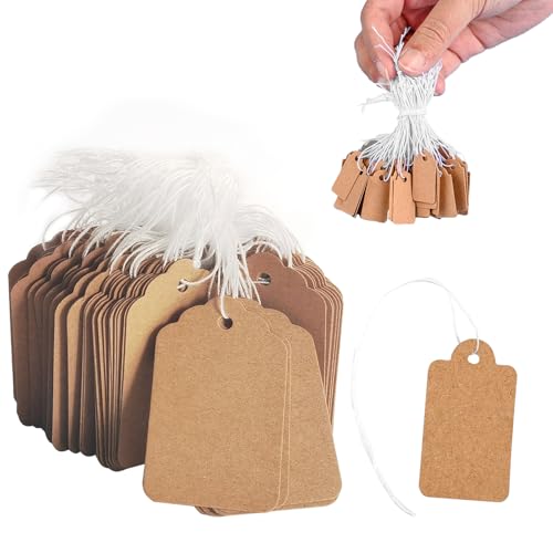 500 Stück Anhänger Etiketten, 35 x 22mm Kraftpapier Preisschilder Etiketten Geschenkanhänger mit Faden, Preisetiketten Geschenkanhänger zum Ausstellen von Schmuck Kleidung von MOVKZACV