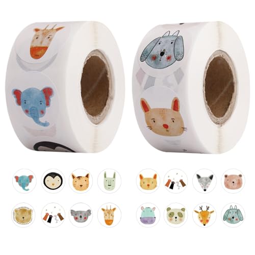 Runde Animal Sticker Kinder, Cartoon Tier Aufkleber Kinder mit 16 Cartoon-tiermotiven, 1000 Stück Lehrer Sticker Rolle für Dekoration Aufkleber, Siegeletiketten, Kinder Dekoration Aufkleber von MOVKZACV