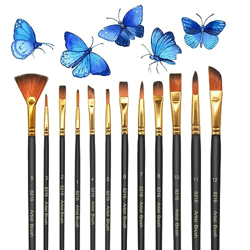 MOXYOY Pinsel Set,12 Stück Nylonpinselset Acrylfarben Kunstpinsel, Feiner Pinsel,Stifte mit Glatter Spitze, Korpus aus Holz,Geeignet für Acrylfarben,Aquarelle,Öle und Gouache von MOXYOY