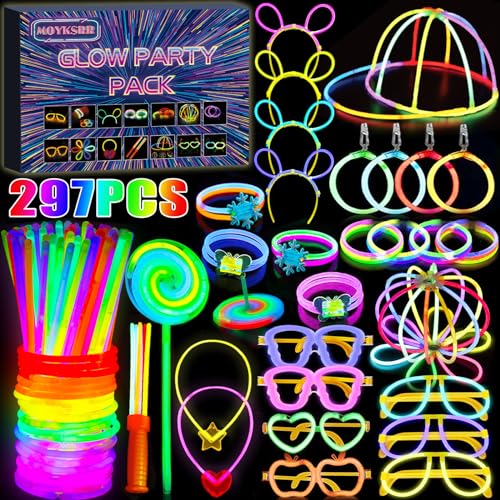 MOYKSRR 297 Stück Knicklichter Party Set, 8 Tolle Farben Knicklichter Kinder, Neon Leuchtstäbe, Knicklichter Leuchtspielzeug für Party deko, Brille, Haarnadel, Ohrring,Schmetterling, Ball, Lutscher von MOYKSRR