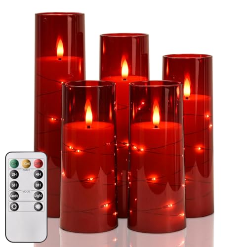 MOZC LED-Kerze mit Timerfunktion und Fernbedienung, Flammenlose LED-Kerze mit flackernder Flamme, Batteriebetriebene Dekokerze mit Lichterkette, 5er-Set Stumpenkerzen (D6cm×Höhe13/13/15/18/20 cm). von MOZC