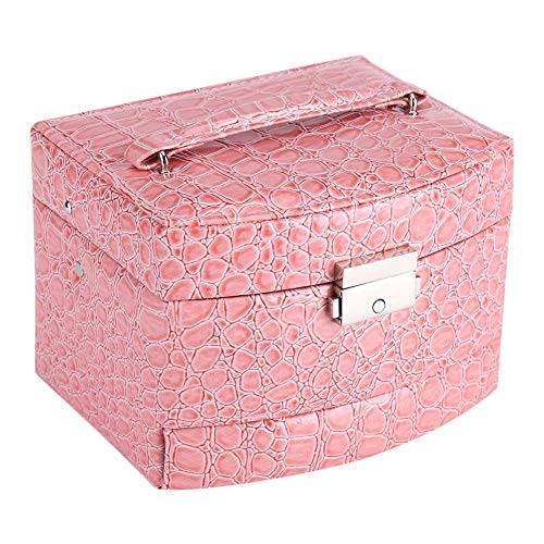 MOZUO 3-lagige Damen-Schmuck-Halsketten-Box, große Leder-Aufbewahrungsbox, Schmuck-Sortierbox abschließbar für Haushaltswaren (Pink) von MOZUO