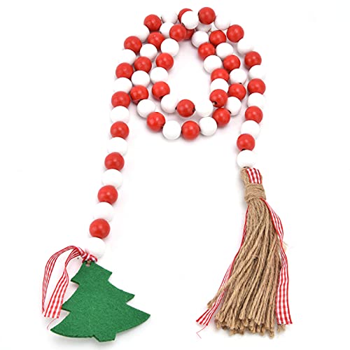 MOZUO Weihnachtsbaum-Quasten-Holzperlen, Holzperlen-Girlande mit Quasten, Holz-Gebetsperlen, Dekorationen für Zuhause, Urlaub, Wandbehang (Rot Weiß) von MOZUO