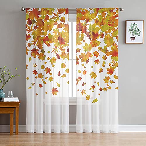 MPOWRX Ahornblatt-Herbst-Tüllvorhänge Für Wohnzimmer, Schlafzimmer, Moderner Voile-Vorhang, Transparente Chiffon-Vorhänge,135B X 213H(cm) x2 von MPOWRX