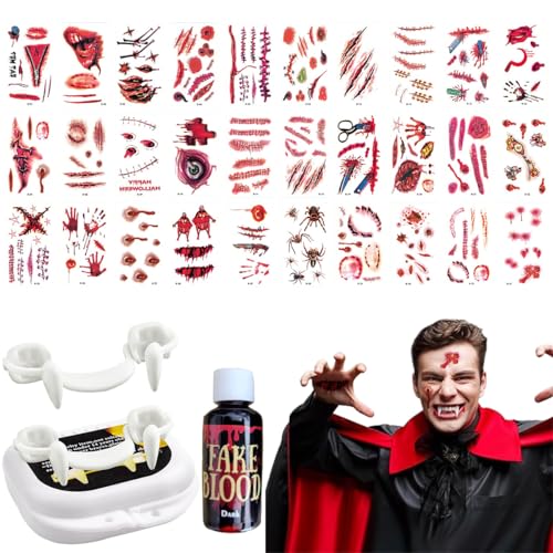 MPQDFG Halloween Make-Up Set, 2 Paar Halloween Vampirzähne, 30ml Kunstblut, 30 Halloween Tattoos, Geeignet Für Cosplay Party Requisiten, Halloween Party, Geeignet Für Kinder Und Erwachsene von MPQDFG