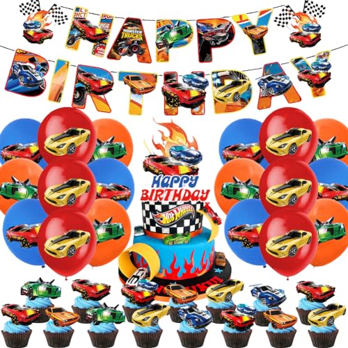 MPQDFG Rennwagen Party Dekorationen 44 Stück Rennwagen Deko Party Supplies Rennen Racing Car Happy Birthday Banner Ballons Cake Topper für Kinder Geburtstag Party Dekoration von MPQDFG