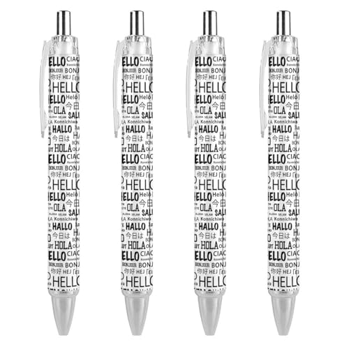 MPUTEOY Schwarze Kugelschreiber, Kugelschreiber, glattes Schreiben, Gelschreiber, einziehbar, 0,5 feine Spitze, für Schule, Büro, Hello in verschiedenen Sprachen, Muster, 4 Stück von MPUTEOY