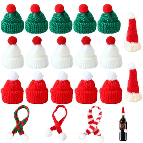 20 Stück Mini Weihnachtsmütze und Schal, Mini Strickmützen, Weihnachts-Weinflaschen-Schal, Weihnachtsdekoration, Mini Hut mit Schal für Weihnachten Weinflasche Abdeckung, Puppenhaus, Weihnachtsfeiern von MPXEAVG