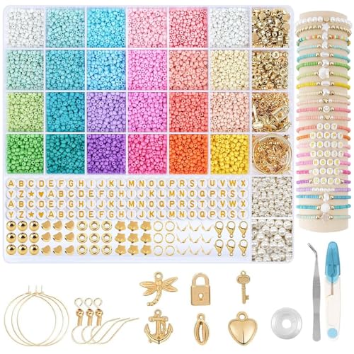 3mm Perlen Set für Armbänder, 7800Beads & Zubehör, Buntes Perlen-Armband, 24 Farben Perlen 25 Art Zubehörteile, Ohrringe Basteln Set, Armbänder Selber Machen Perlen Set Kinder, Erwachsener DIY-Armband von MPXEAVG