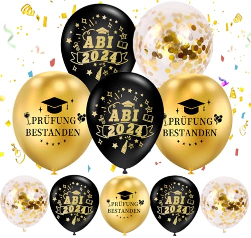 ABI 2024 Ballons, Abschluss Deko, Prüfung Bestanden für ABI 2024 Deko Geschenke, Abitur 2024 Deko, Schwarz Gold Und Konfetti Abitur Luftballons, ABI Ballons 25 Stück von MQIAN