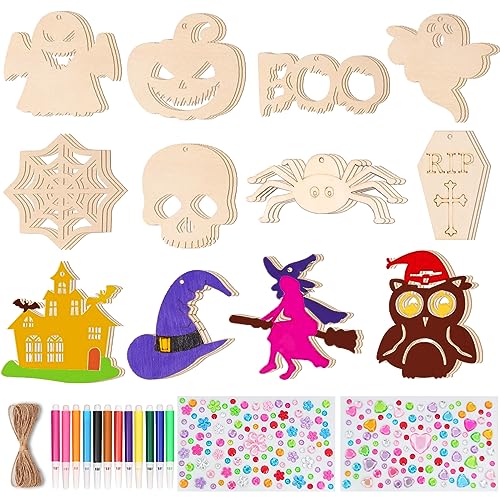 MQIAN Halloween Holz Bastelset Halloween Bastelset Kinder Holzanhänger zum Bemalen Holzbastelsets Geschenk für Halloween DIY Handwerk Party von MQIAN