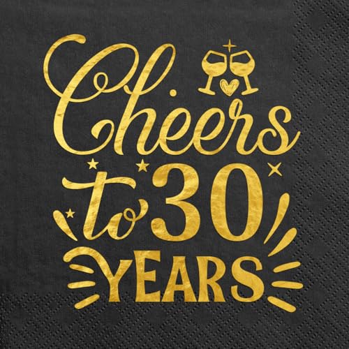 Servietten 30. Geburtstag, 20 Stück Servietten Geburtstag, Happy Birthday Servietten 33X33Cm, Cheers To 30 Years Papierservietten, Geburtstag Servietten Schwarz Gold, Tischdeko 30 Geburtstag von MQIAN