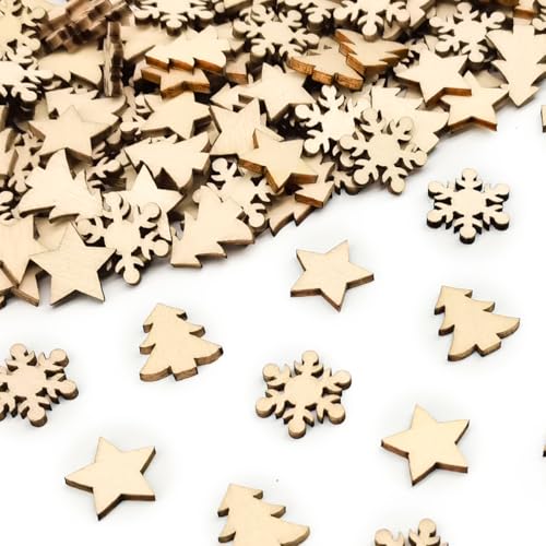 Streudeko Weihnachten Holz, 200PCS Holzdeko Weihnachten, Tischdeko Weihnachten, Schneeflocken Weihnachtsbäume Holzsterne zum Basteln, Mini Bastelzubehör Weihnachten für DIY Handwerk (Holz_Weihnachten) von MQIAN