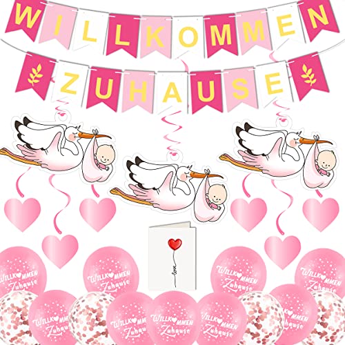 Willkommen Baby, Vormontiert Willkommen Zuhause Baby Mädchen, Welcome Home Baby, Herzlich Willkommen Girlande, Mit 6 Stück Storch Geburt, Girlande Geburt Mädchen,Willkommen Zuhause Deko von MQIAN