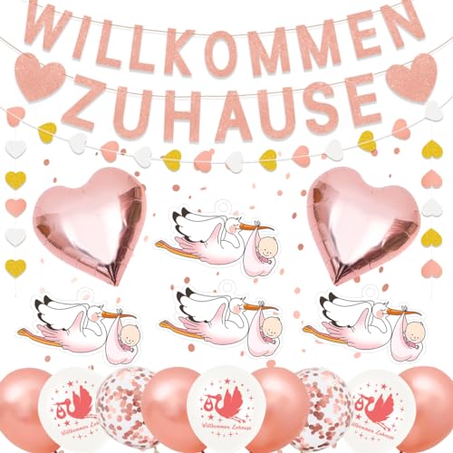 Willkommen Zuhause Baby Mädchen, Welcome Home Baby Girl, Willkommen Baby Mit 6 Stück Storch Geburt Für Draussen, Vormontiert Herzlich Willkommen Girlande, Babyparty Deko Mädchen von MQIAN