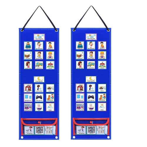 MQODLFP 2X Visueller Zeitplan für Kinder, TäGliches Routinediagramm mit 140 Karten, Kalendertasche, Autismus-Lernverhaltenstool für die Schule von MQODLFP