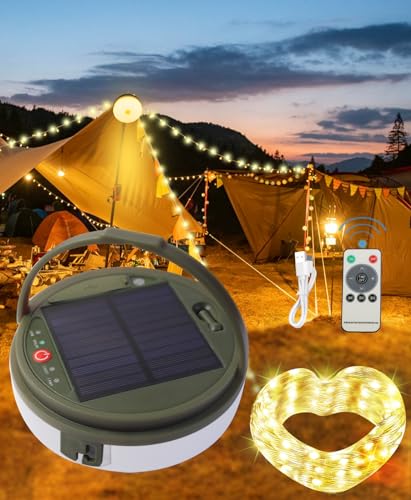 MQUPIN 12m Camping Lichterkette, Solar lichterkette aufrollbar, acht leuchtende LED sternstimme lichterkette, wasserdicht, bequem zu lagern, USB aufladbar, geeignet für Camping, Garten(Warme Farbe) von MQUPIN