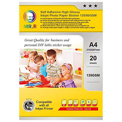 MR.R 135gsm/m² Inkjet A4x20 Blatt Fotopapier glänzend selbstklebend Glanzpapier Hochglanz Blanko Etiketten für Ausdrucke in Fotoqualität Bedruckbar Aufkleber Selbstklebendes von MR.R