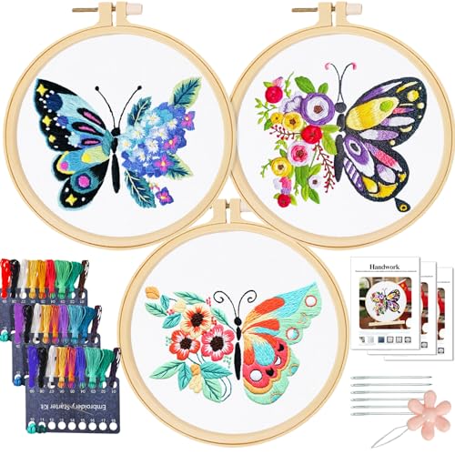 MRHMX ART Stickerei für Anfänger,3-teiliges Stickset mit Schmetterlingen Erwachsene,Embroidery Kit Blumenmuster Handstickerei DIY Kreuzstich Set Vorgedruckt (Schmetterling) von MRHMX ART