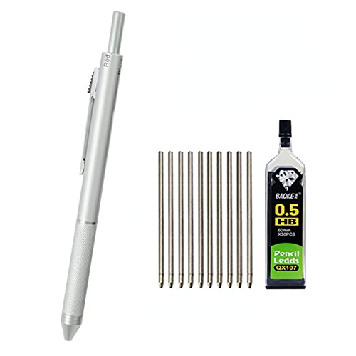 MROOFUL Metall-Kugelschreiber, 0,7 mm, einziehbar, 4-in-1, mit 3 farbigen Tintenroller-Minen + 1 Bleistiftmine, Metallstift-Box-Set, Schwerkraft-Sensing (Silber) von MROOFUL