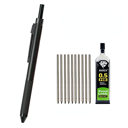 MROOFUL Metall-Kugelschreiber, 0,7 mm, einziehbar, 4-in-1, mit 3 farbigen Tintenroller-Minen + 1 Bleistiftmine, Metallstift-Box-Set, Schwerkraft-Sensing, Schwarz von MROOFUL