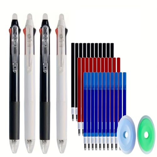 MROOFUL 3-in-1 mehrfarbiges Stifte-Set, 0,5 mm, Schwarz/Blau/Rot, radierbarer Gelschreiber, Reibungstinte, waschbarer Griff, Bürobedarf (4 Stifte + 30 Nachfüllungen + 2 Radiergummi) von MROOFUL