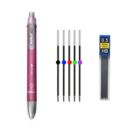 MROOFUL Druckgelschreiber-Set, mehrfarbig, 6-in-1-Kugelschreiber, 0,5 mm, mittlere Spitze, 1 Druckbleistift mit radiererfreier bleifreier Tinte in verschiedenen Farben (Rosa) von MROOFUL