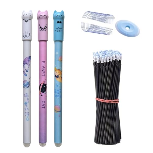 MROOFUL Löschbare Gelschreiber-Set, Kawaii-Katze, 0,5 mm, nachfüllbarer Tintenroller für Schule, Büro, Schreibwaren (3 Stifte + 50 Ersatzminen + 1 Radiergummi) (A, blau), 54 Stück von MROOFUL