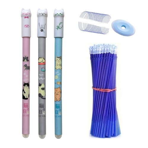 MROOFUL Löschbare Gelschreiber-Set, Kawaii-Katze, 0,5 mm, nachfüllbarer Tintenroller für Schule, Büro, Schreibwaren (3 Stifte + 50 Nachfüllungen + 1 Radiergummi) (B, Blau) von MROOFUL