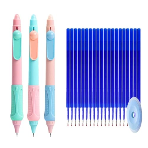 MROOFUL Löschbare Gelstifte-Set, feine Spitze, 0,5 mm, lassen Fehler verschwinden, 3 blaue Gelschreiber mit 20 Ersatzminen und 1 Radiergummi für Kinder, Erwachsene, Schule, Büro (Mädchen-Stil) von MROOFUL