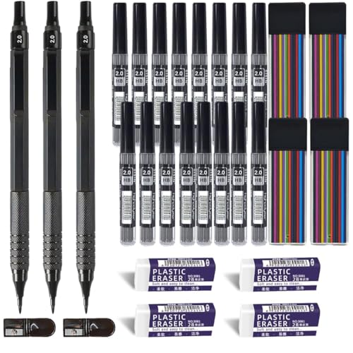 MROOFUL Metal 2.0 Druckbleistift-Set, 3 Druckbleistifte mit 20 Tuben mit 2 mm Graphitminenfüller und Farbe, Zeichnen, Spitzen, Radiergummi für Künstler zum Schreiben (schwarz) von MROOFUL