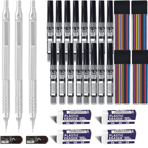 MROOFUL Metal 2.0 Druckbleistift-Set, 3 Druckbleistifte mit 20 Tuben mit 2 mm Graphitminenfüller und Farbe, Zeichnen, Spitzen, Radiergummi für Künstler zum Schreiben (weiß) von MROOFUL