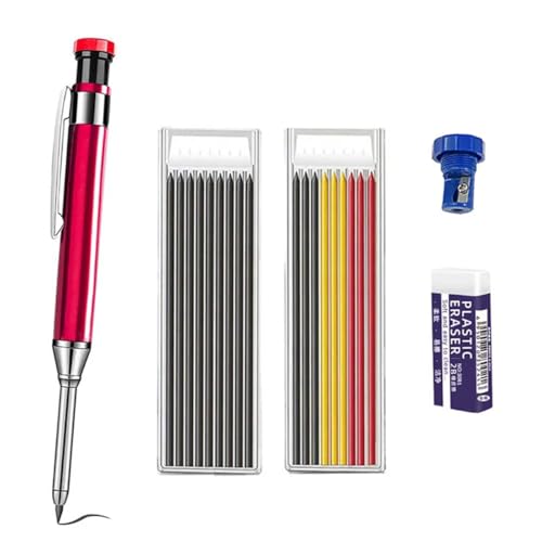 MROOFUL Metallstift-Set für Holzbearbeitung, mit integriertem Spitzer und 2,8 mm tiefem Lochmarker, Tischler, Architekt, Metallzeichenstift, inklusive 2 Boxen Bleistiftminen und 1 Radiergummi, Rot, 4 von MROOFUL