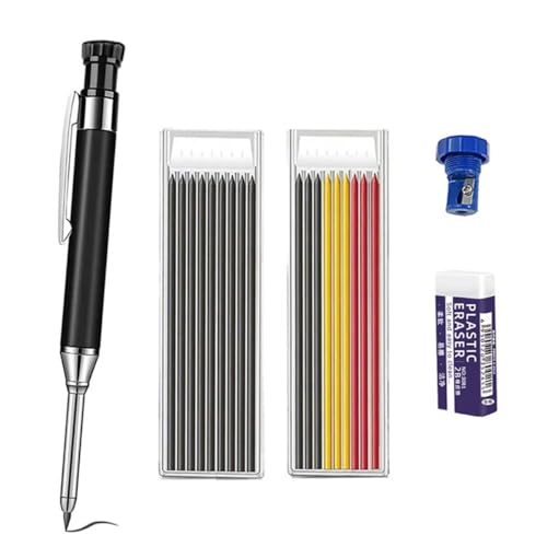 MROOFUL Metallstift-Set für Holzbearbeitung, mit integriertem Spitzer und 2,8 mm tiefem Lochmarker, Tischler, Architekt, Metallzeichenstift, inklusive 2 Boxen Bleistiftminen und 1 Radiergummi, von MROOFUL