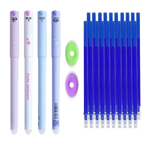 MROOFUL Radierbares Stifte-Set, niedliches Tiermotiv, 0,5 mm, blau-schwarz, löschbar, mit 20 Nachfüllungen und 2 Radiergummis für Schule, Büro, Schreibwaren, 4 Stück (blau) von MROOFUL