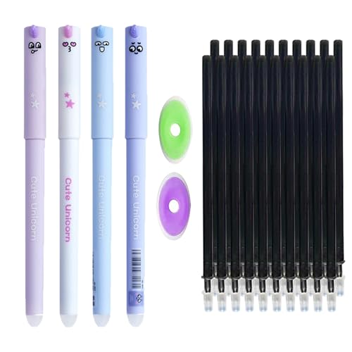 MROOFUL Radierbares Stifte-Set mit niedlichem Tiermotiv, 0,5 mm, blau/schwarz, löschbar, mit 20 Nachfüllungen und 2 Radiergummis für Schule, Büro, Schreibwaren, 4 Stück (schwarz) von MROOFUL