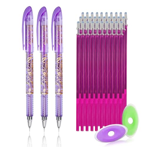 MROOFUL Radierstifte mit Radiergummi, 0,5 mm, radierbare Gelstifte, 6 Farben, 30 Nachfüllminen und 2 Radiergummis, Violett, 3 Stück von MROOFUL