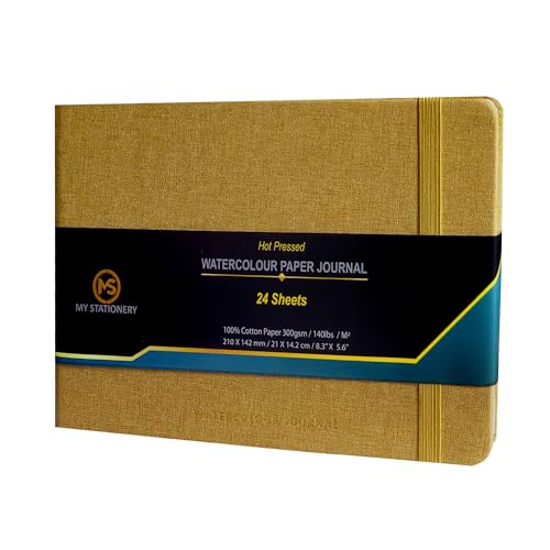 A5 Aquarellblock Heißgepresstes Papier Skizzenbuch Leinenstoff Hardcover Faden genäht Bindung Papier Journal 63,5 kg (300 g/m²) 100% Baumwolle Off-White Papier Skizzenbuch 24 Blatt - Hellgoldener von MS MY STATIONERY