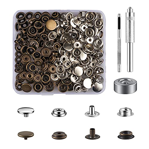 50 Sätze Druckknöpfe Set, Bronzed+Silber Button Werkzeug Metall Fastener Druckknopf Schraubbar Edelstahl Muttern und Bolzen Set für Kleidung Leder Handwerk Jacke Brieftasche Handtasche(203 Stück) von MSDADA