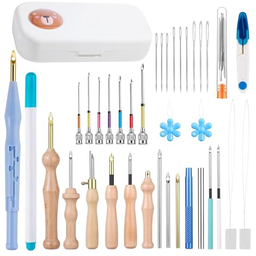 MSDADA 36 Stück Stickerei Starter Kit Punch Needle Kit Einstellbare Stanznadel Werkzeug Holzgriff Stickstift Stanznadel Set Nadelfädler für Stickgarn Kreuzstich Anfänger von MSDADA