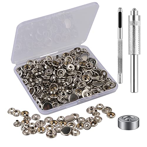 MSDADA 50 Sätze Druckknöpfe Set, Silber Button Werkzeug Metall Fastener Druckknopf Schraubbar Edelstahl Muttern und Bolzen Set für Kleidung Leder Handwerk Jacke Brieftasche Handtasche(203 Stück) von MSDADA