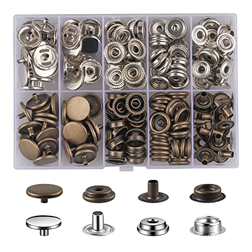 MSDADA Sätze Druckknöpfe Set, Button Werkzeug Metall Fastener Druckknopf Schraubbar Edelstahl Muttern und Bolzen Set für Kleidung Leder Handwerk Jacke Brieftasche Handtasche (50, Silber + Bronzed) von MSDADA