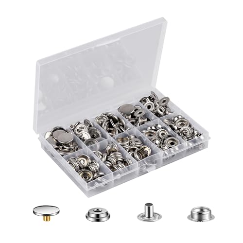 MSDADA Sätze Druckknöpfe Set, Button Werkzeug Metall Fastener Druckknopf Schraubbar Edelstahl Muttern und Bolzen Set für Kleidung Leder Handwerk Jacke Brieftasche Handtasche (50, Silber ohne Werkzeug) von MSDADA