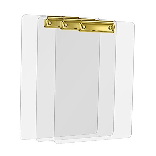 3er Acryl Klemmbrett A4 mit Metalklemme, Schreibbrett DIN A4 mit Aufhängeose, Pad Halter Clipboard - Stabile Transparent Schreibplatte - Schreibblock 3er Pack in Farbe Gold von MSDADA
