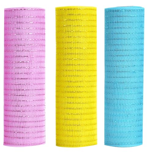 3 Rollen Oster-Deko-Mesh-Bänder, 25,4 cm, gelb, rosa, blau, Deko-Mesh, Osterband für Frühlingskranz, Osterdekoration, Bastelarbeiten, Metallfoliengeflecht von MSSVIGING