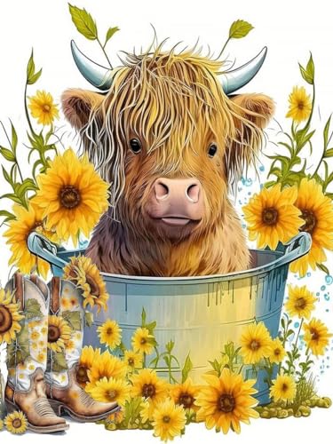 Highland Cow DIY Malen nach Zahlen für Erwachsene Anfänger Kits Minimalist Sonnenblume Blume Ölmalerei Frauen Bild Leinwand Acryl Pigment Kunsthandwerk für Home Wall Decor 30x40 CM von MT13432-DE