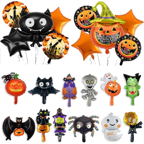 22 Stück Halloween Folienballons,Halloween Deko Set,Kürbis Fledermaus Hexe Geist Spinne Helium Luftballons für Halloween Party Dekoration für Halloween Themenparty Hintergrund Dekoration von MTCDDCL